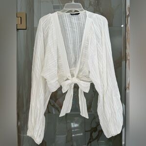 SHEIN white sheer long sleeve tie top